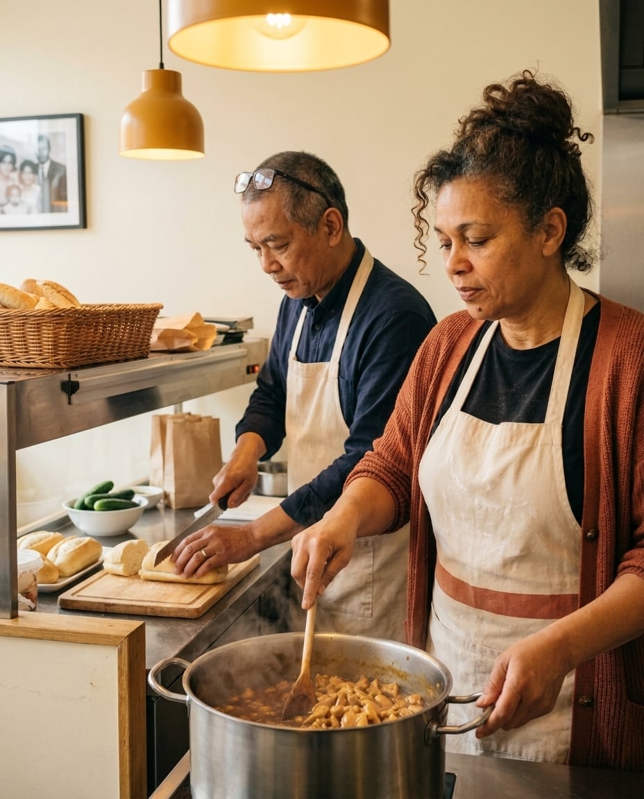 Mama Rosa keuken, warm eten wordt klaargezet voor bezorging.