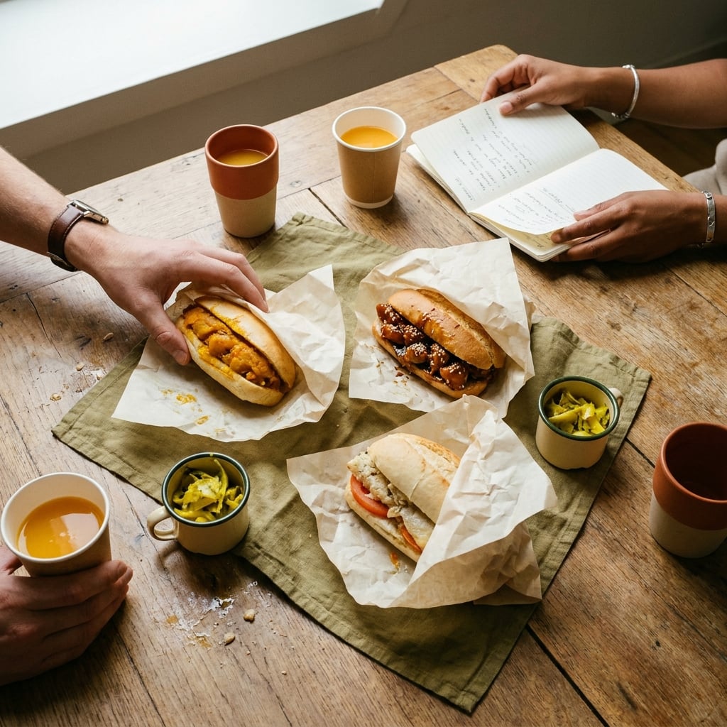 Lunchtafel op een IT-kantoor in Almere: broodjes, bara en dawet uitgestald voor het hele team.